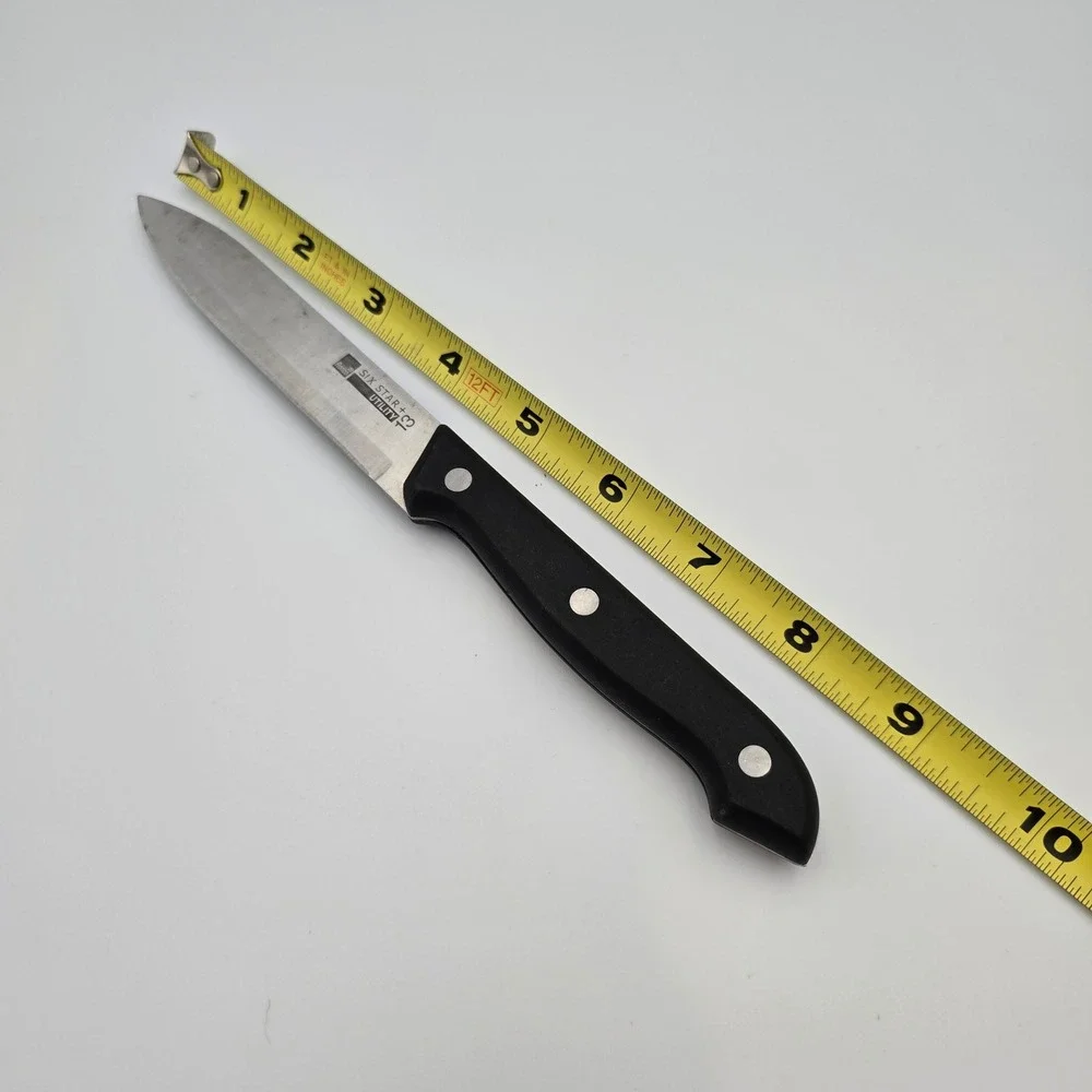 Ronco Six Star+ Utility Knife Stainless Steel Triple Rivet Black Handle.
